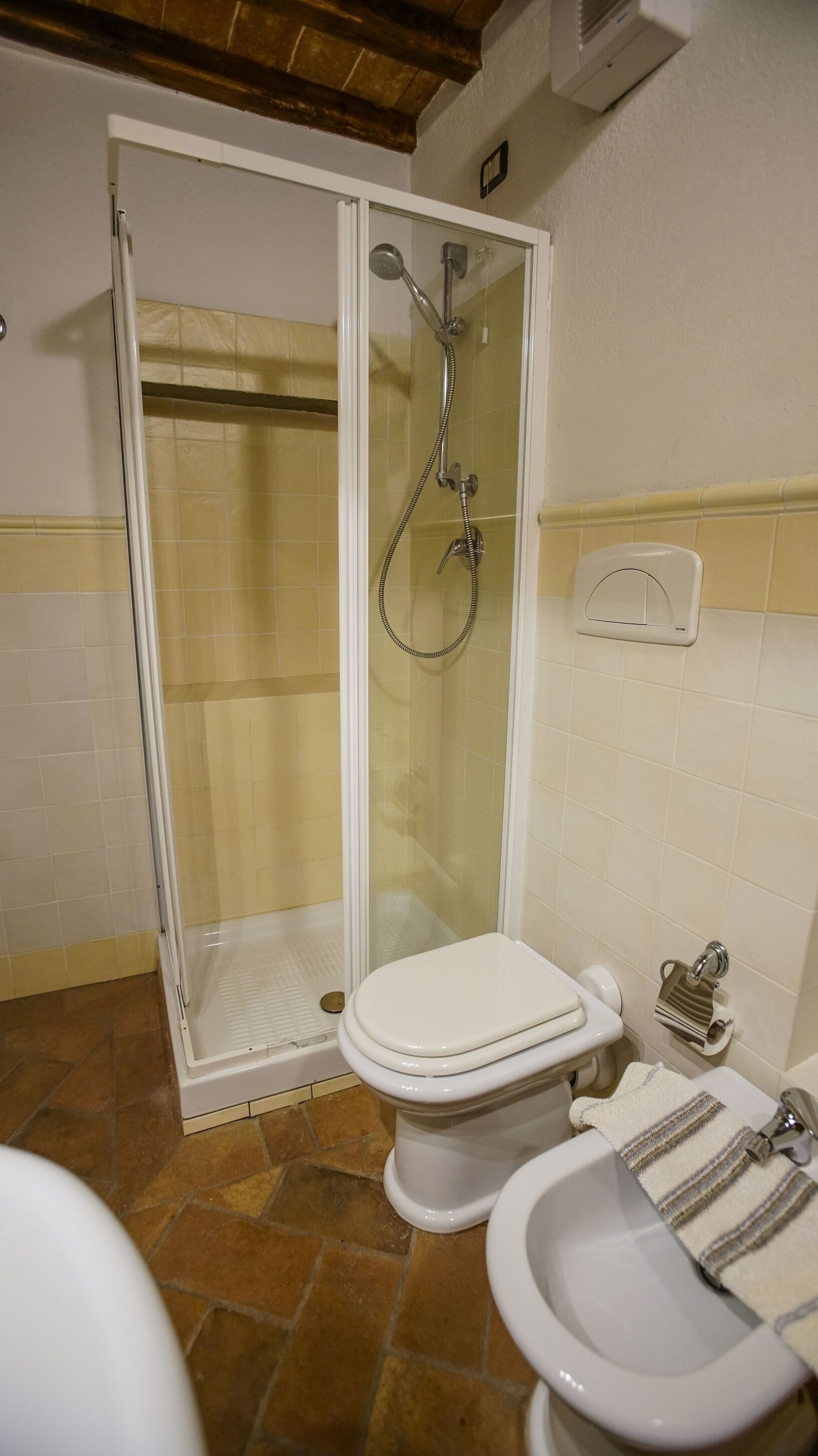 Une salle de bain avec une douche à parois de verre, des toilettes et un bidet.