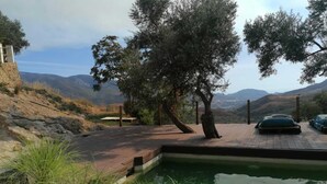 Un espace piscine avec vue sur les montagnes, un arbre et une voiture garée à proximité.
