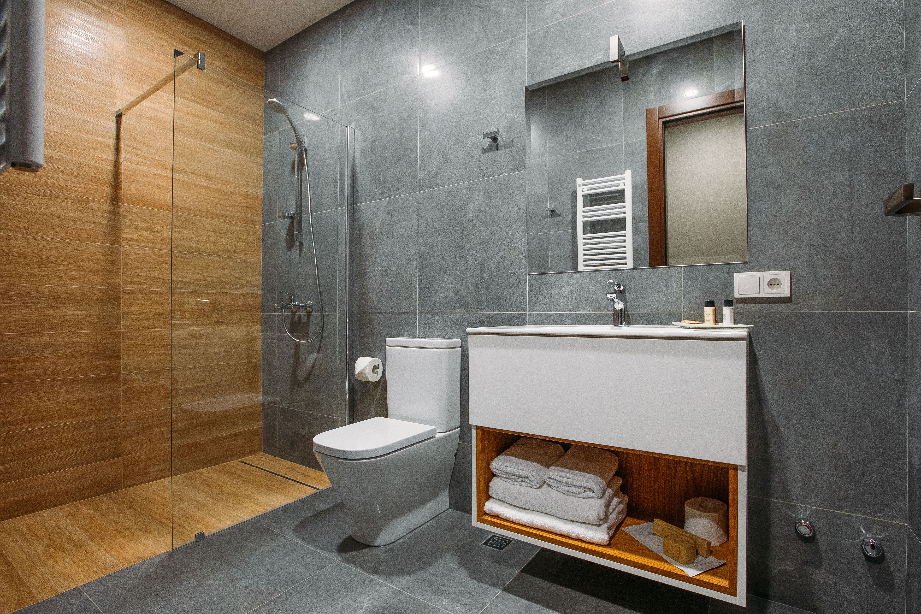 shower, free toiletries, hair dryer, bathrobes