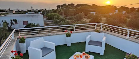 A rooftop terrace with white wicker furniture, green artificial turf, and potted plants.