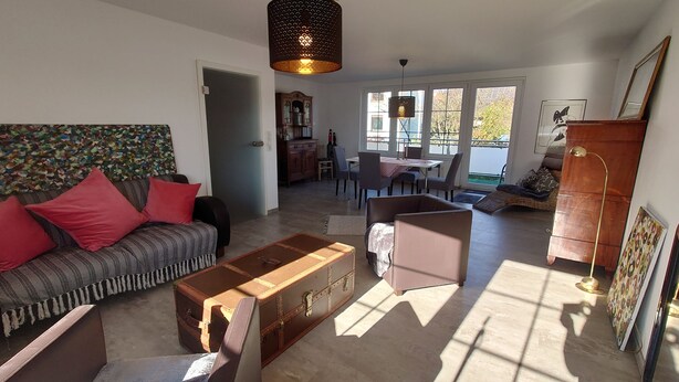Un vaste espace de vie comprenant un canapé, une table basse et une table à manger. On aperçoit un meuble et une chaise au fond de la pièce.