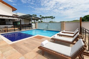 Outdoor pool, open 9:30 AM to 8:00 PM, pool umbrellas, sun loungers