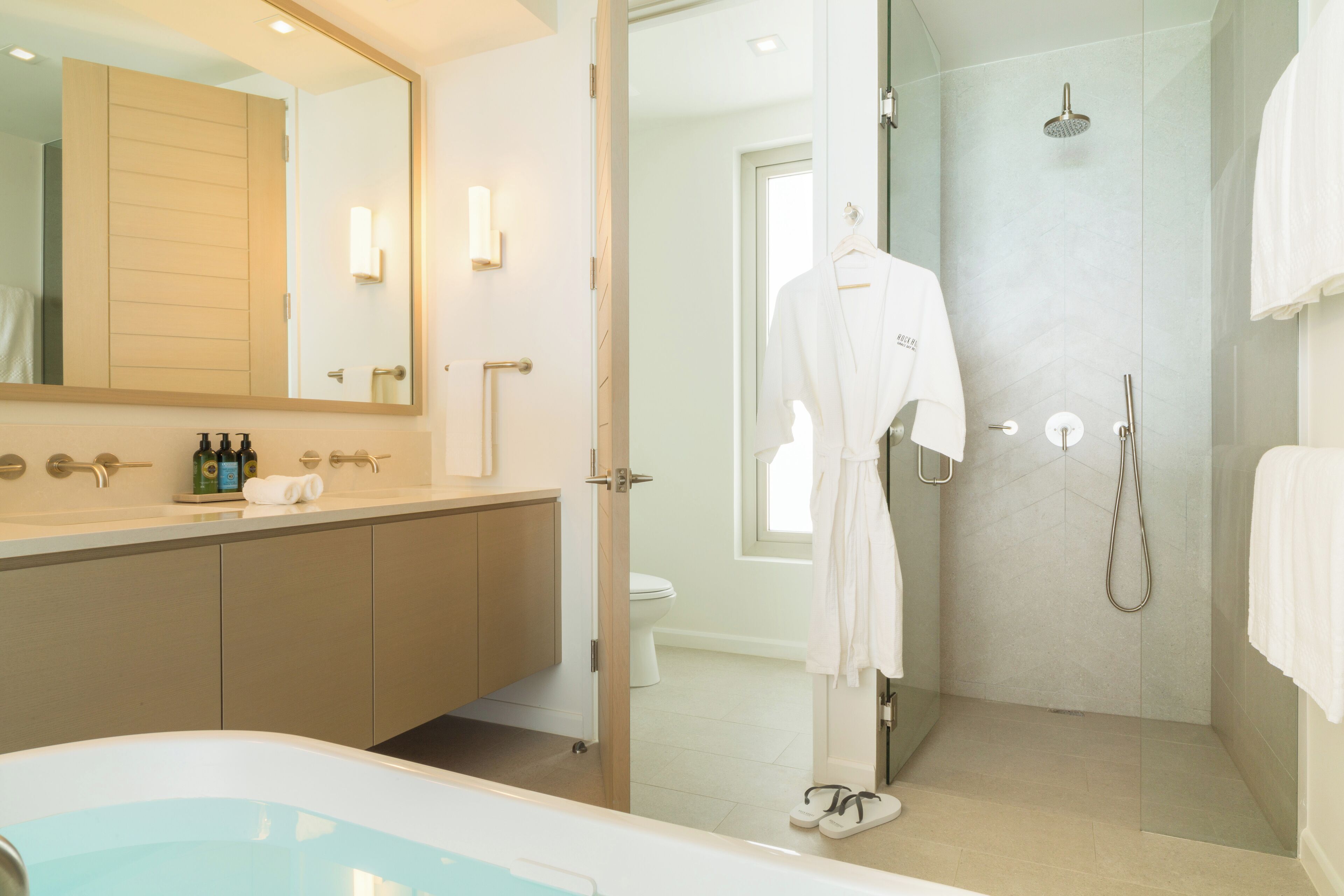 rainfall showerhead, free toiletries, hair dryer, bathrobes