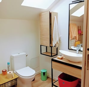 A modern bathroom with a skylight, a toilet, a sink, and a mirror. - LOFT Locronan 1624, renovated in 2021, in France's second most beautiful village   (Locronan)
