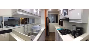 Fridge, microwave, coffee/tea maker, toaster