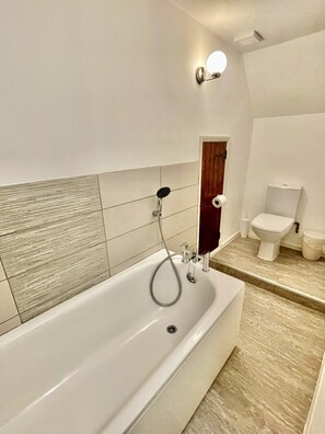 Une salle de bain moderne avec une baignoire sur pieds, des toilettes et une douche.