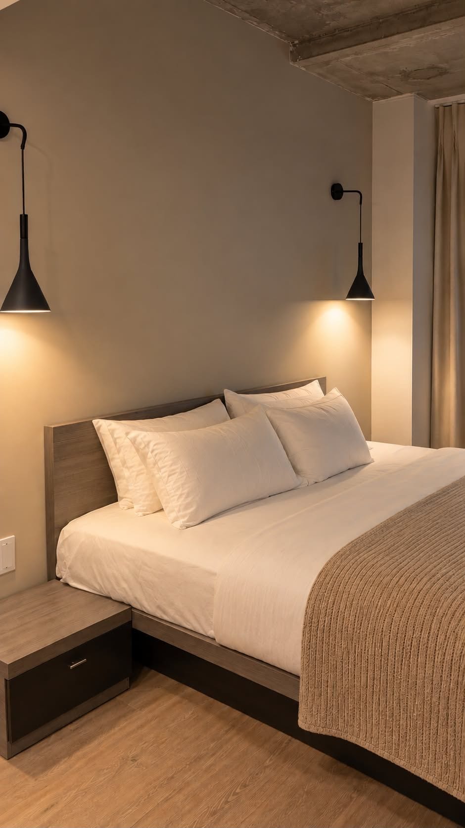 Ein modernes Schlafzimmer mit einem Bett, Nachttischen und Pendelleuchten.