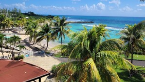 A beach resort with palm trees, a pool, and ocean views. - Studio NIKITA-MANGANAO , sea view, swimming pool (Saint-François)