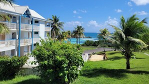 A resort with a pool, palm trees, and a view of the ocean. - Studio NIKITA-MANGANAO , sea view, swimming pool (Saint-François)