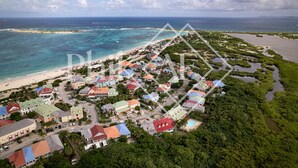An aerial view of a coastal resort with colorful buildings, a beach, and a mangrove area.