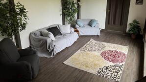 Una sala de estar acogedora con dos sofás, un tapete estampado y vigas de madera.
