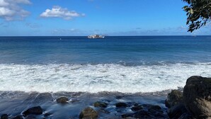 A coastal scene with a large ship in the distance, rocky shoreline, and clear blue sky.