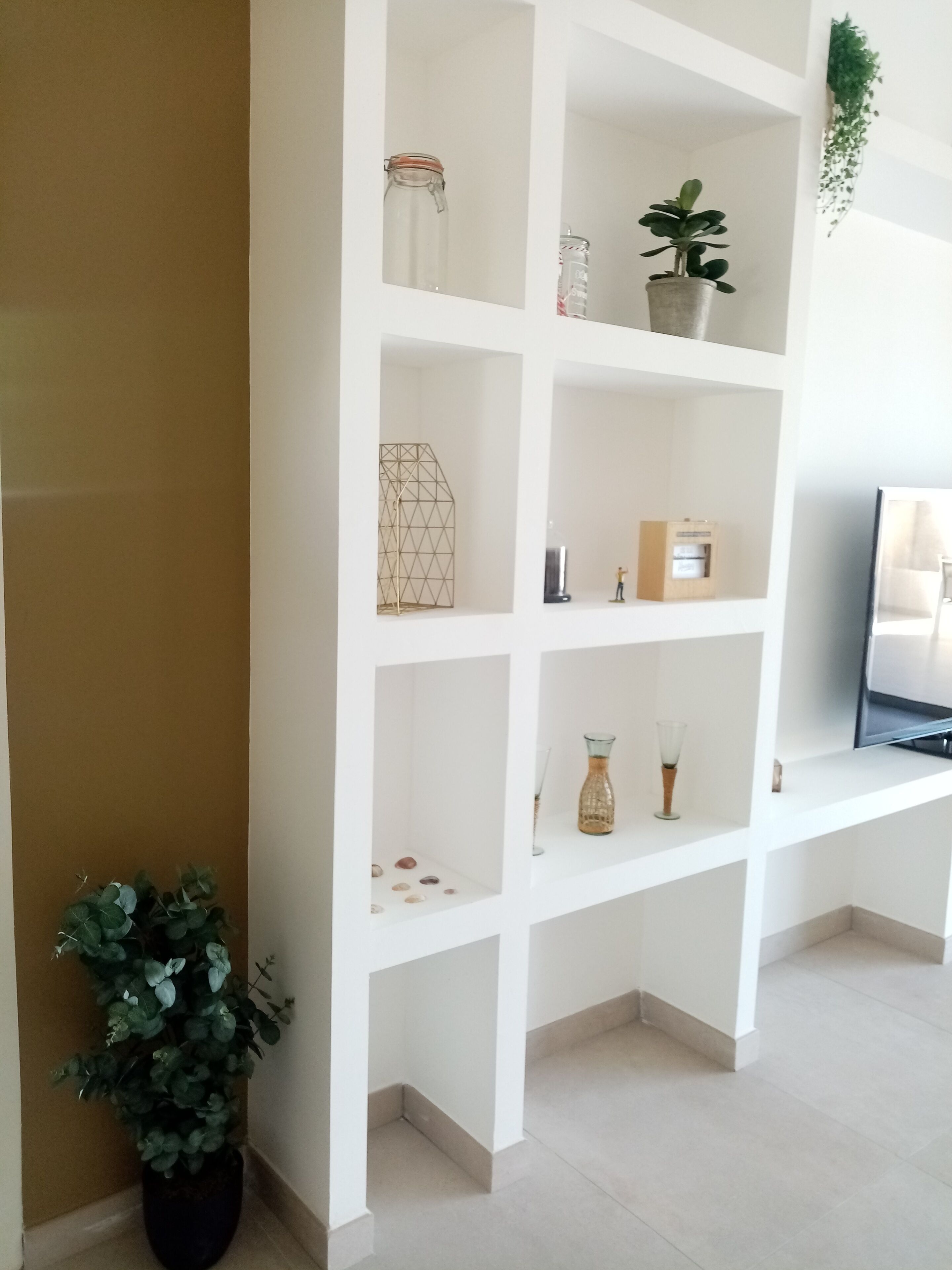 A white shelving unit with various decorative items, a potted plant, and a television.