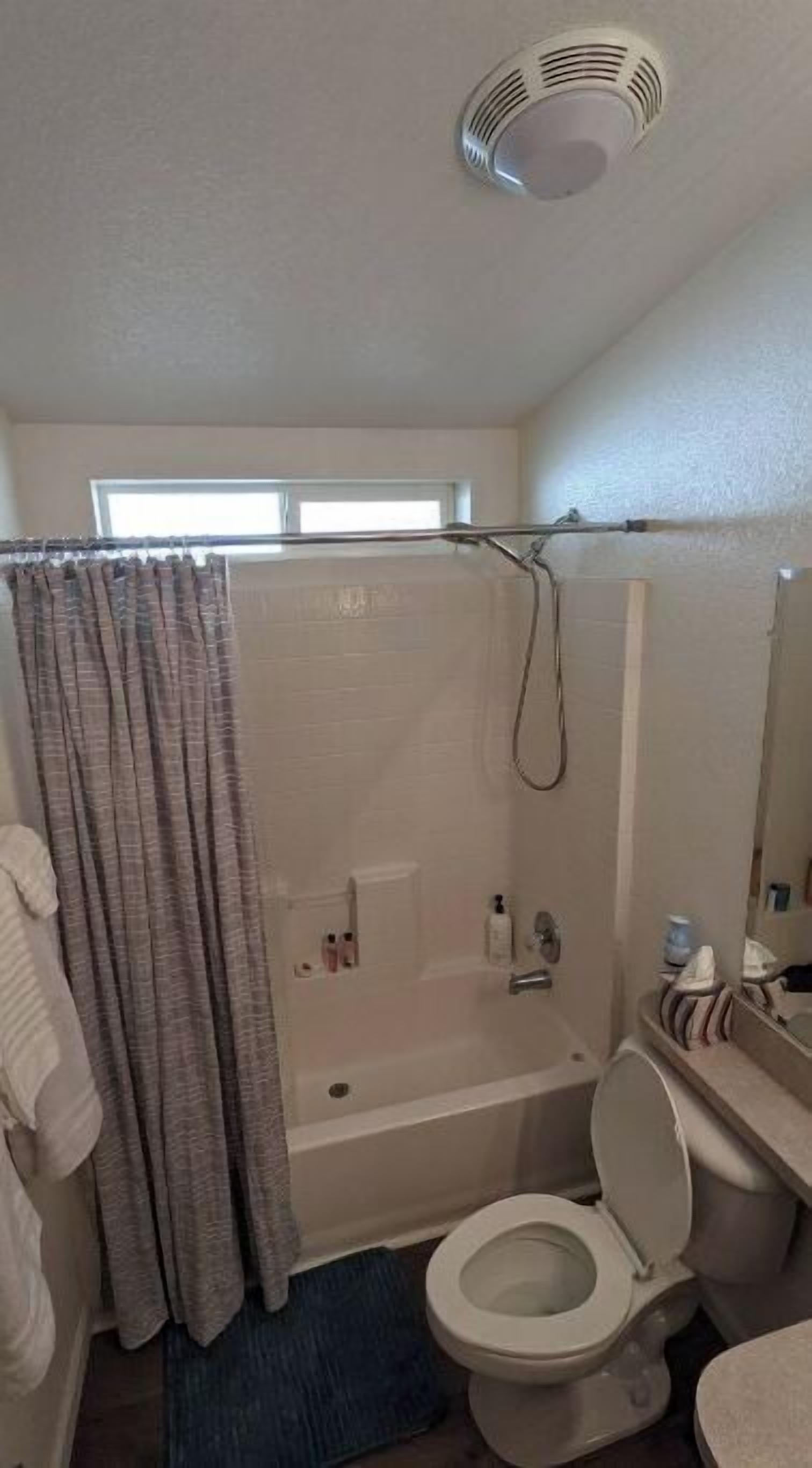 A bathroom with a bathtub, toilet, and shower curtain.
