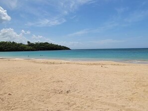 A beach with clear turquoise water, a sandy shore, and a forested island in the background.