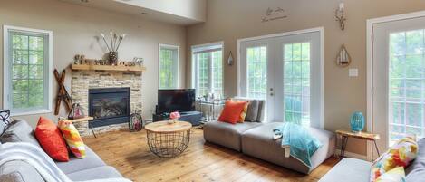 TV connectée, cheminée, lecteur de DVD, chaîne hi-fi