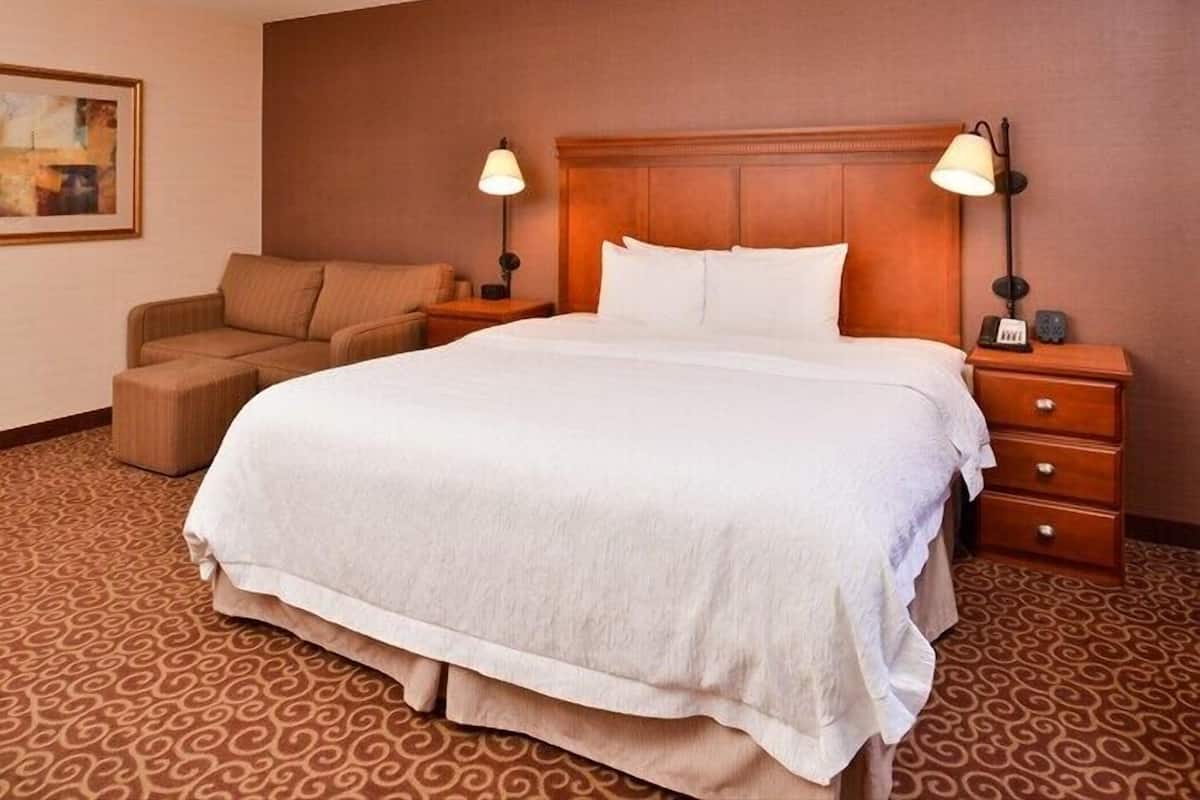 Ein Hotelzimmer mit einem großen Bett, zwei Nachttischen mit Lampen, einer kleinen Couch und einem gemusterten Teppich.