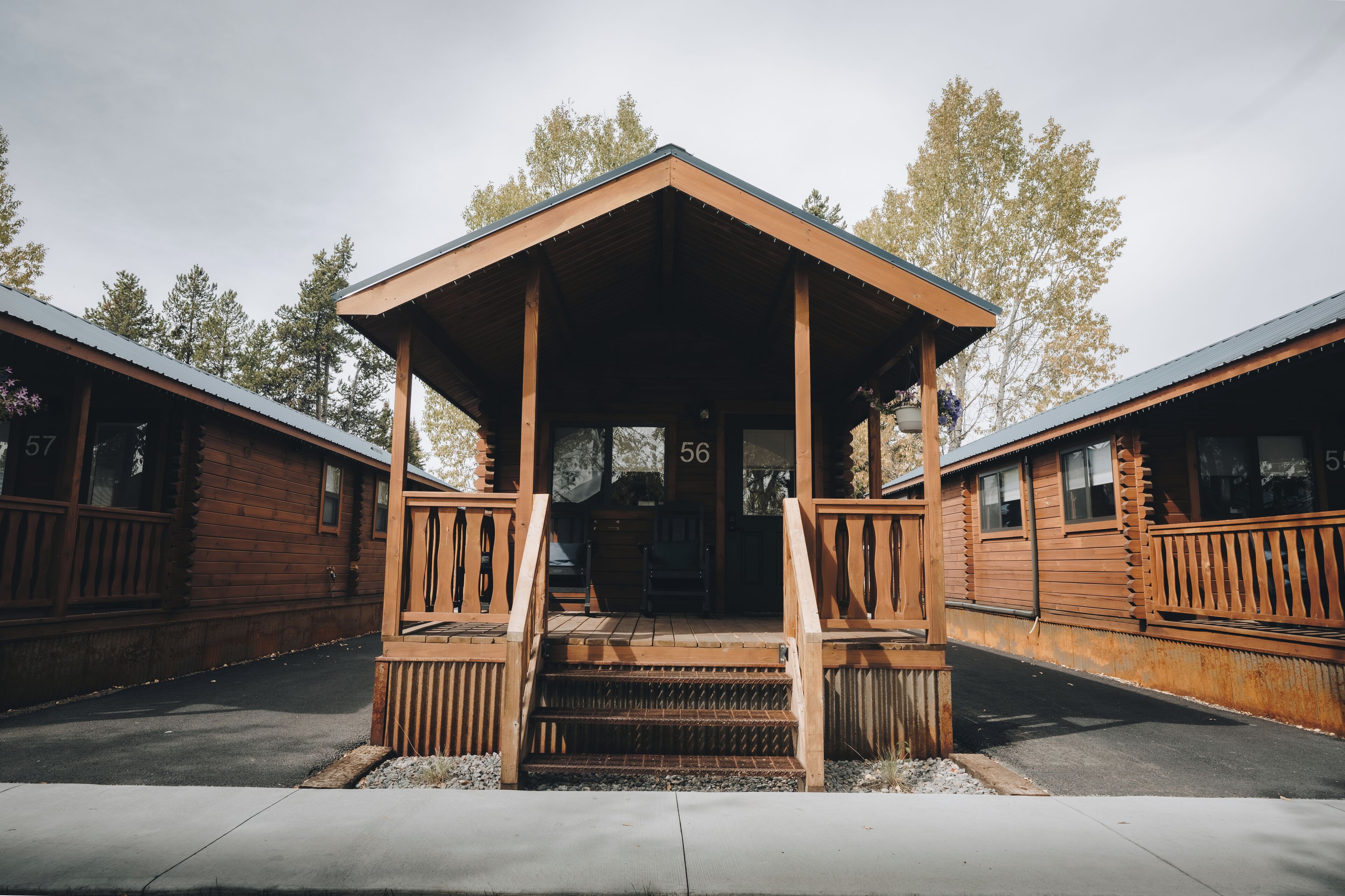 A wooden lodge with a porch and steps leading to the entrance, numbered 56.