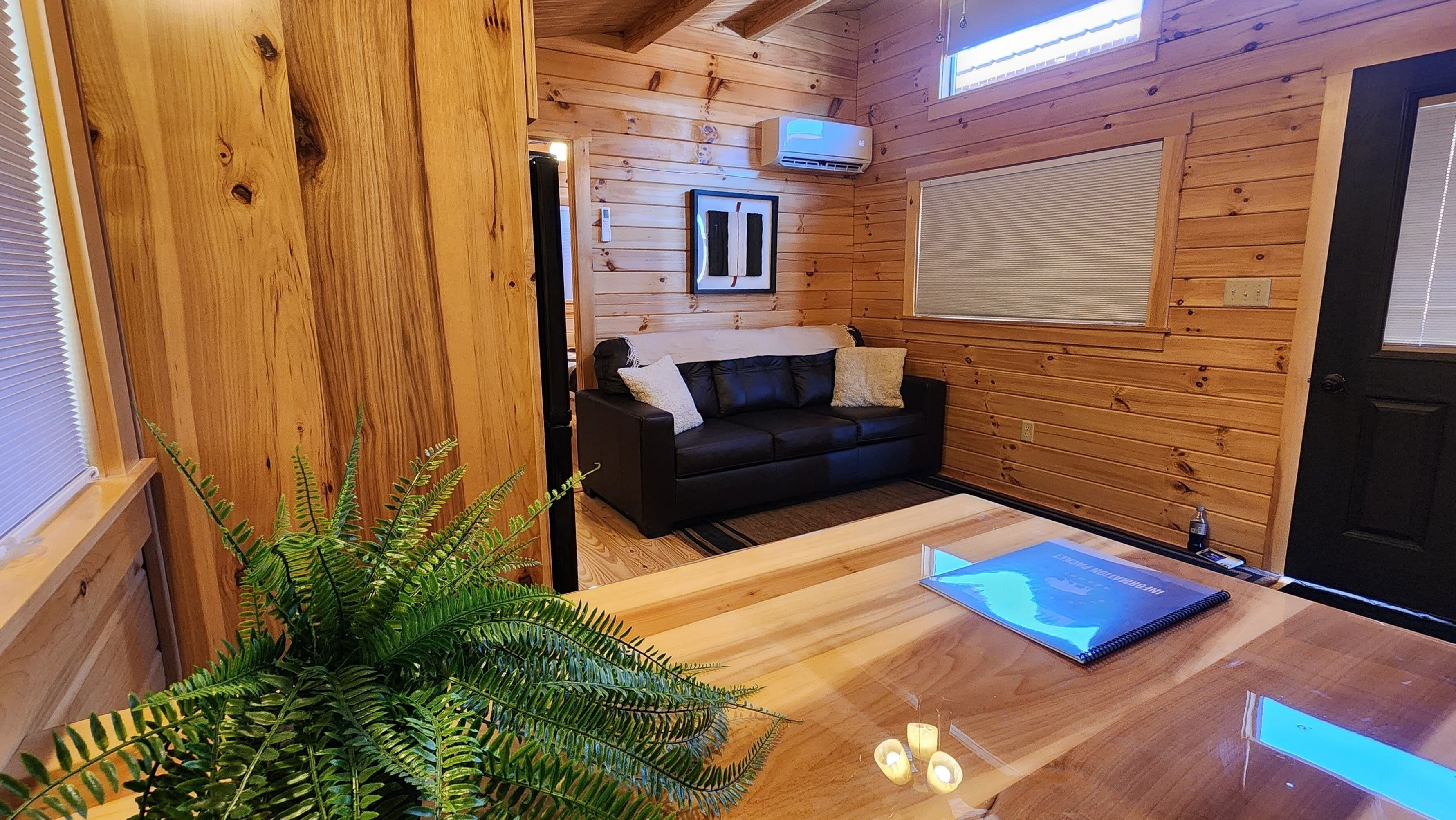 Ein Holzinterieur mit einer schwarzen Ledersofa, einem Holztisch mit einem Laptop und einem Farne.