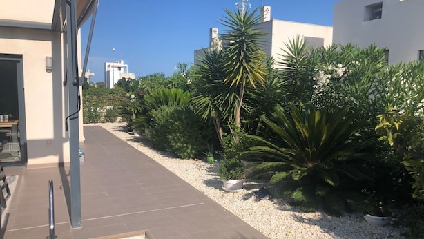 A poolside area with a clear view of the pool, a pathway lined with plants, and modern buildings in the background. - Stunning villa, large private pool, 8' from beautiful beach (Quesada)