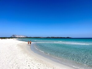 A beach with clear turquoise water, a sandy shore, and a mountain in the background.