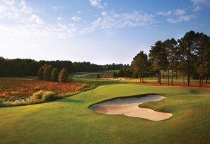 A golf course with a sand bunker, trees, and a clear sky. - Perfect Southern Pines Getaway Near Pinehurst! (Aberdeen)