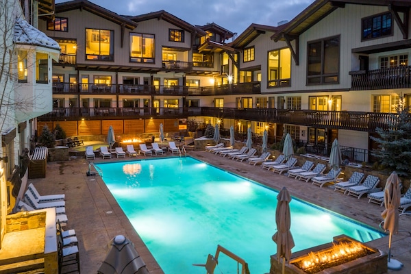 Outdoor pool, pool umbrellas, pool loungers