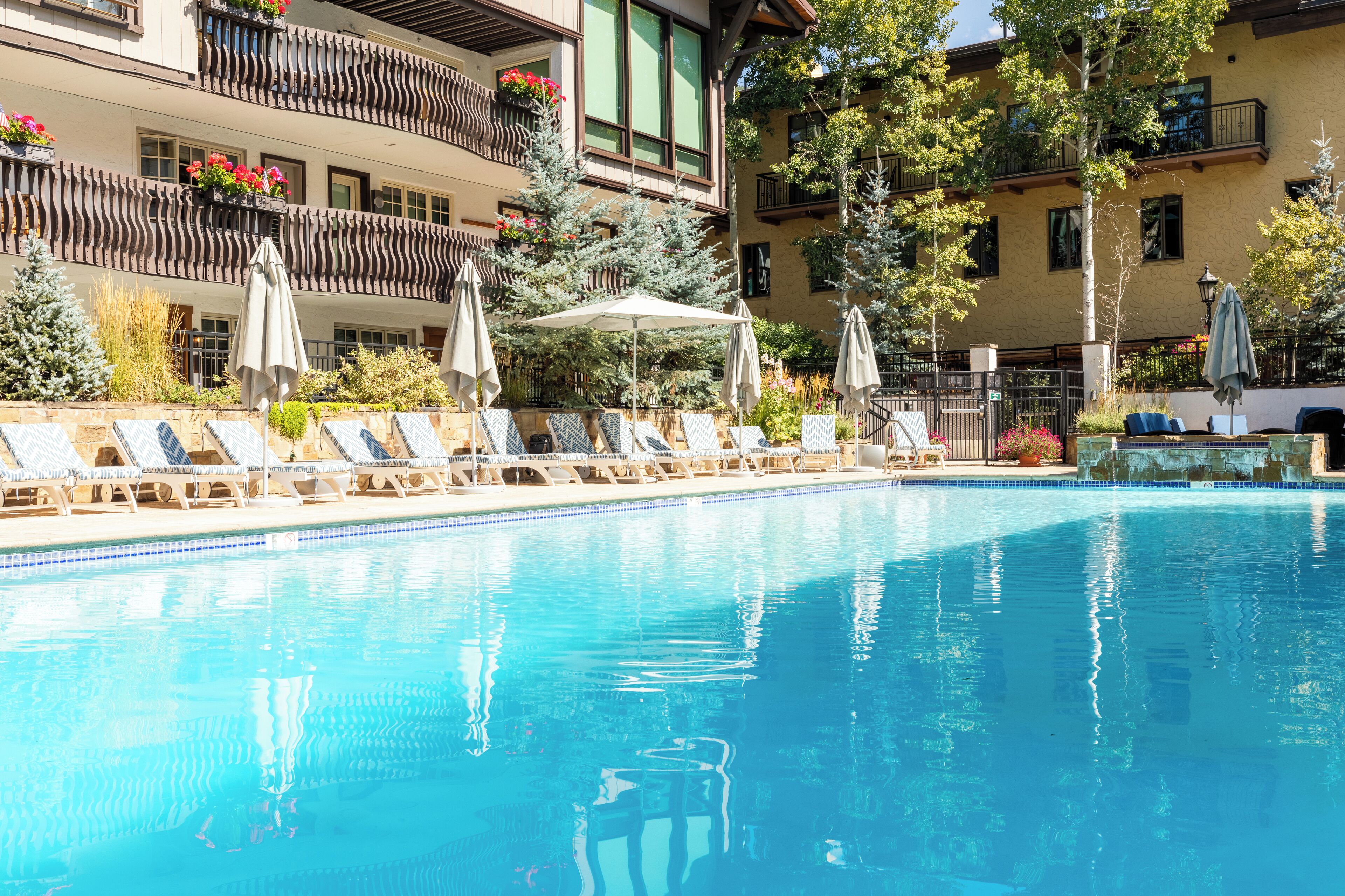 屋外プール、プール パラソル、サンラウンジャー