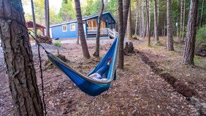Una hamaca en un bosque con una cabaña al fondo.