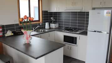 Fridge, microwave, stovetop, electric kettle
