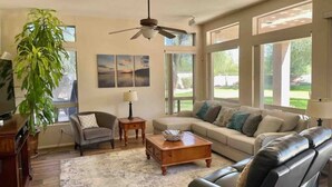 Smart TV, fireplace, ping pong, books