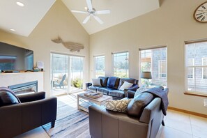 TV, fireplace, DVD player, books