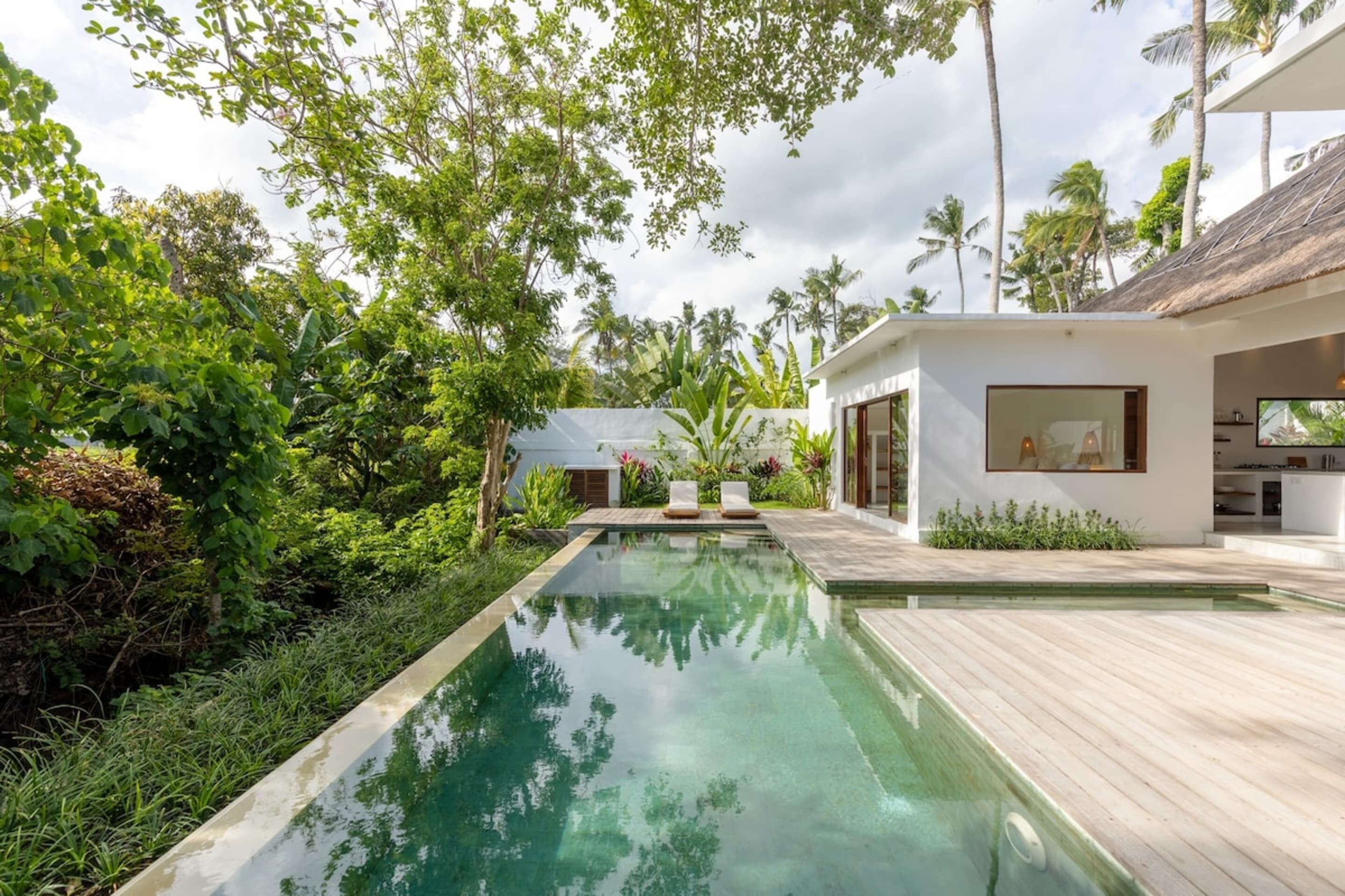 Una casa moderna con piscina, rodeada de abundante vegetación y palmeras.