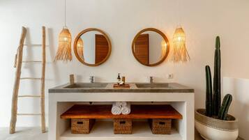 Hair dryer, towels, soap, shampoo