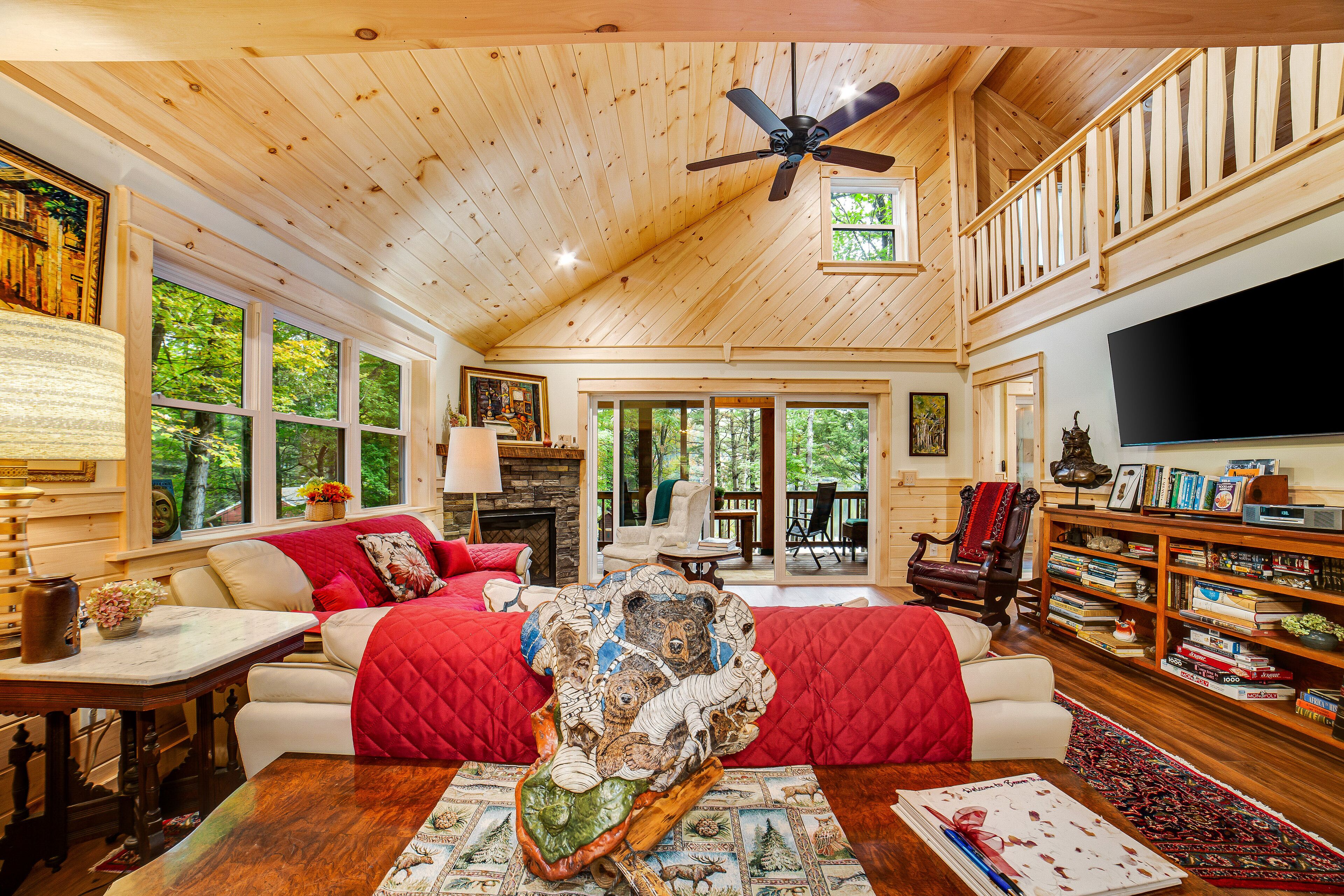 Een televisie, een open haard en boeken