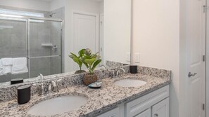 Hair dryer, towels, soap, shampoo