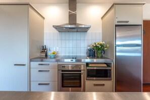 Fridge, microwave, oven, stovetop
