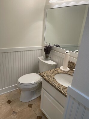 A bathroom with a toilet, sink, vanity, and a mirror. - Beachy Home in Provo. Large deck with builtin hot tub, Fire pit, Palapa (Provo)