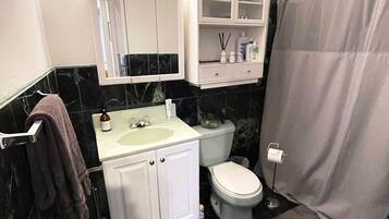 Combined shower/tub, hair dryer, towels, soap