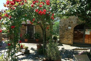 A courtyard with a stone building, potted plants, and a table with chairs.