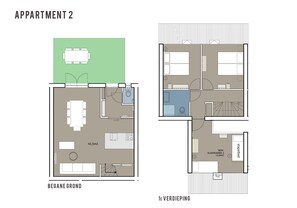 Plattegrond van Appartement 2 met een eetgedeelte, keuken, woonkamer en een nieuwe slaapplek.