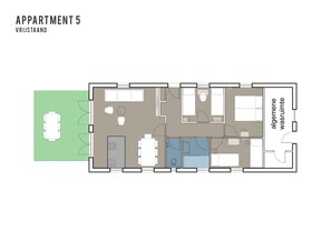 Plattegrond van Appartement 5 met kitchenette, twee slaapkamers, een badkamer en een woonruimte.