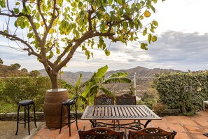 An outdoor patio with a table and chairs, a large tree, and a view of the landscape.