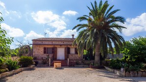 Una casa rural amb un carrer de grava, una palmera i una paret de pedra.