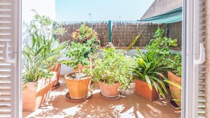 Un espace extérieur agrémenté de plantes en pot disposées sur une surface carrelée, d’un banc en bois et d’un auvent vert en arrière-plan.