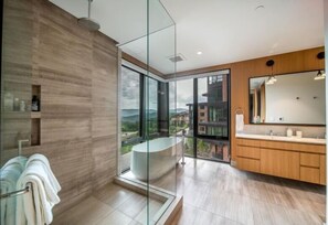 Bathtub, hair dryer, towels