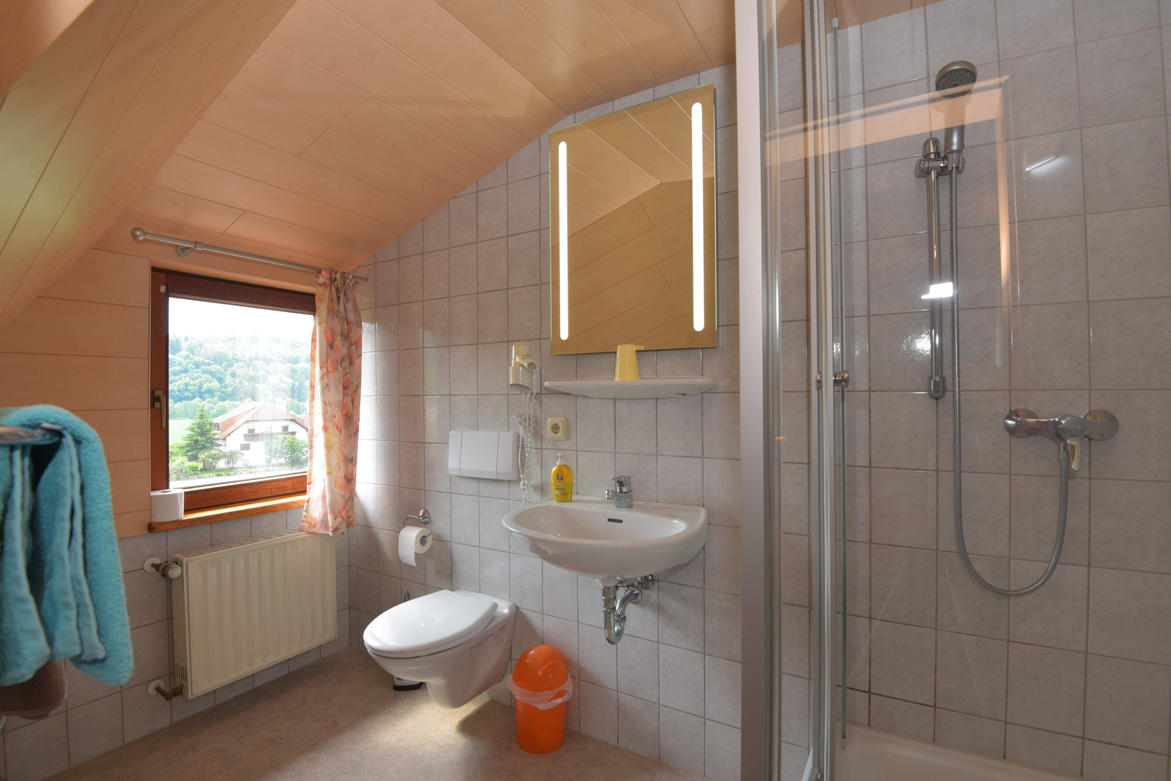 Un bagno con WC, lavandino, doccia e finestra vista.