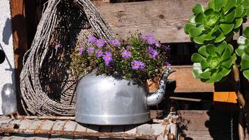 Una olla de metal con flores moradas sobre una superficie metálica rústica, un banco de madera y una planta verde.