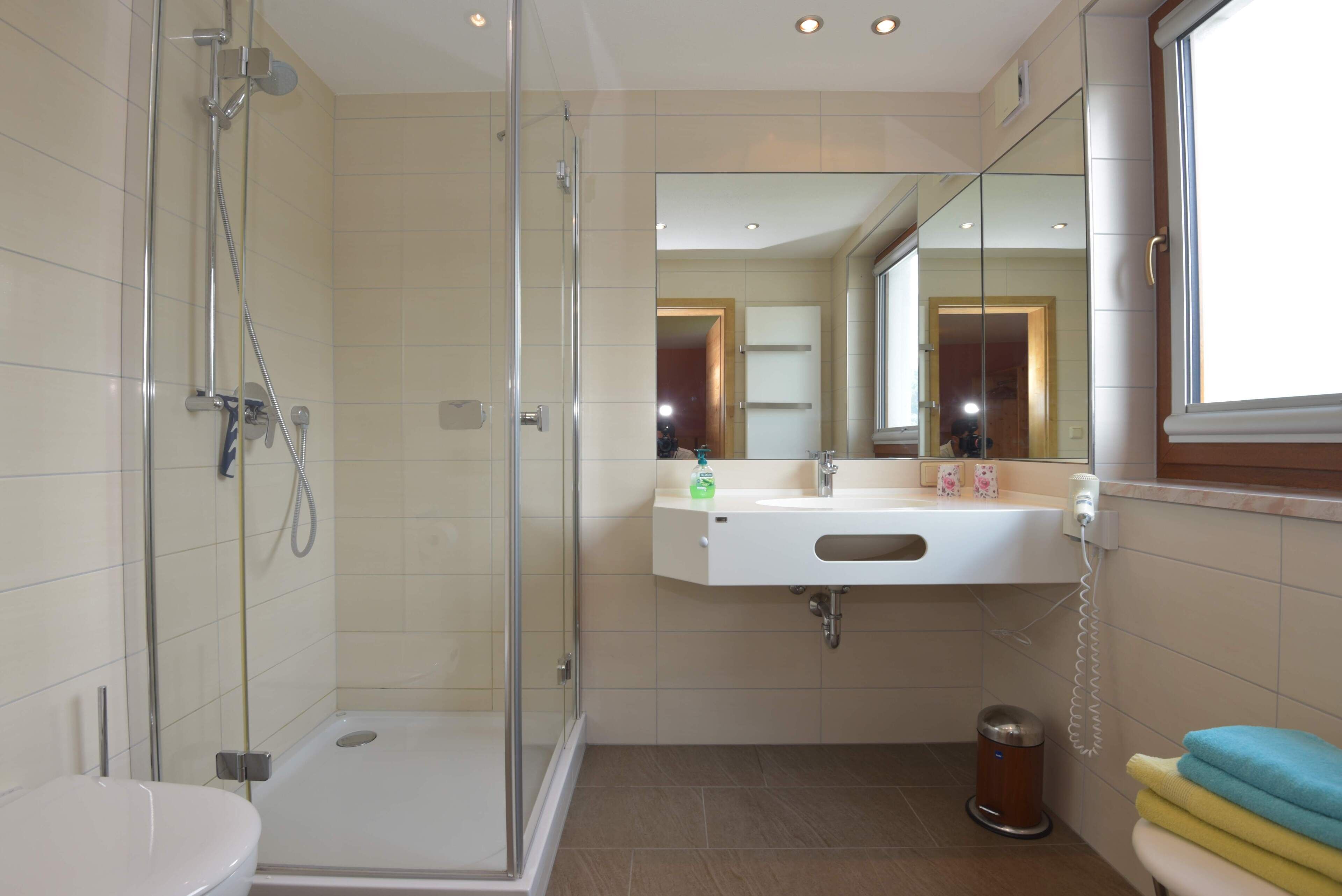 Ein Badezimmer mit einer Duschkabine, einem weißen Waschbecken mit Spiegel darüber und einer Toilette.