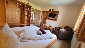 A bedroom with a bed, wooden wardrobe, TV, desk, and chair.